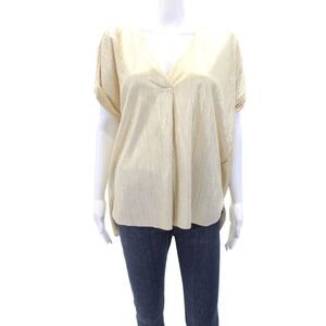 Rabens Saloner Womens Metallic Pleated Short Sleeve Blouse Top Gold Size M
